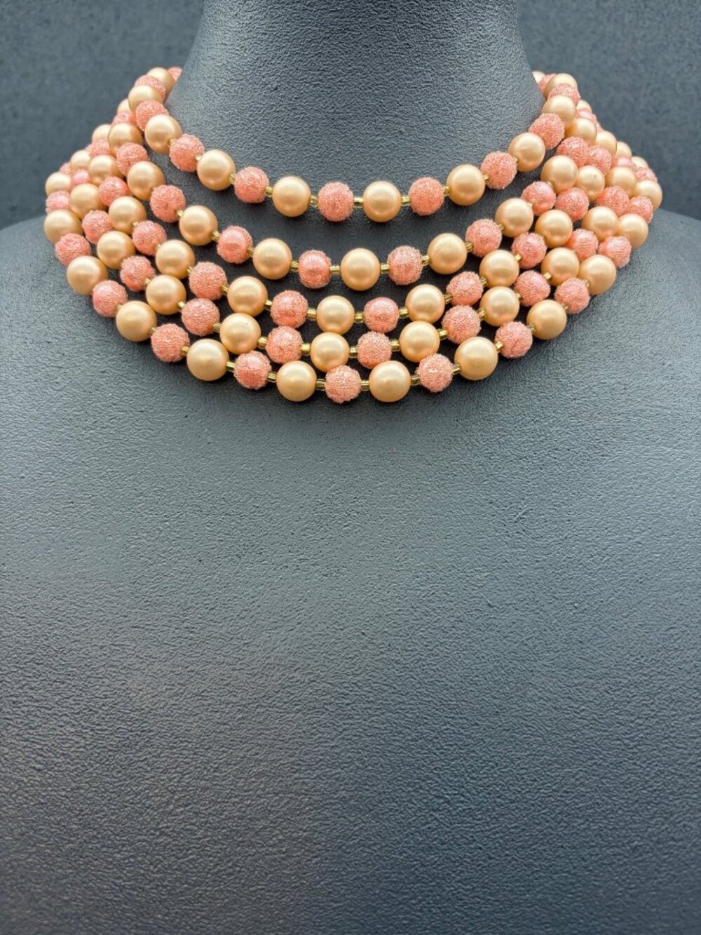 Vintage 5 Strand Necklace 12 In Pink Pearl Textured Beads Gold Japan Retro Glam